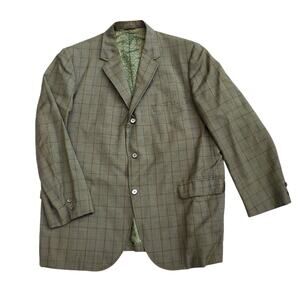 Vintage Clubman 1970s Green Plaid Wool Blazer Jacket  3 Button 50x30.5 48R 50R